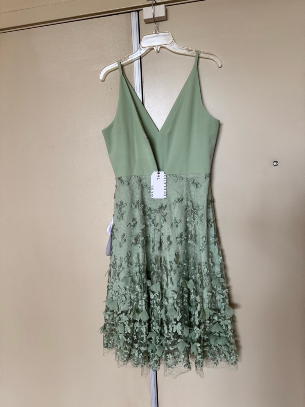 Dress the Population Sage Green V-Neck Mini Dress with 3D Floral Skirt